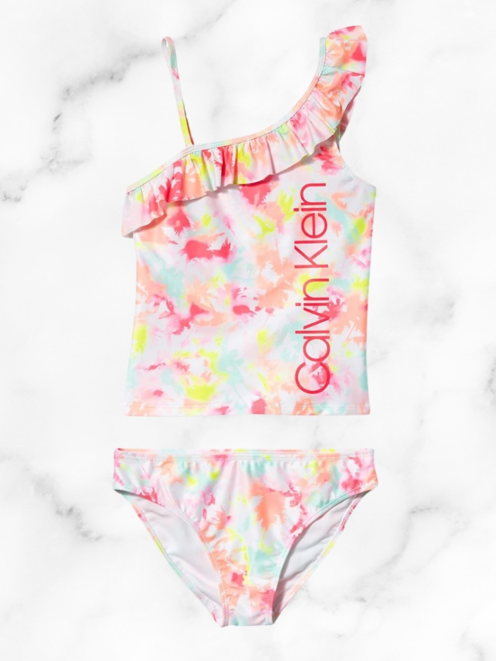 Girls Calvin Klein palm tree swimsuit with ruffle sleeve